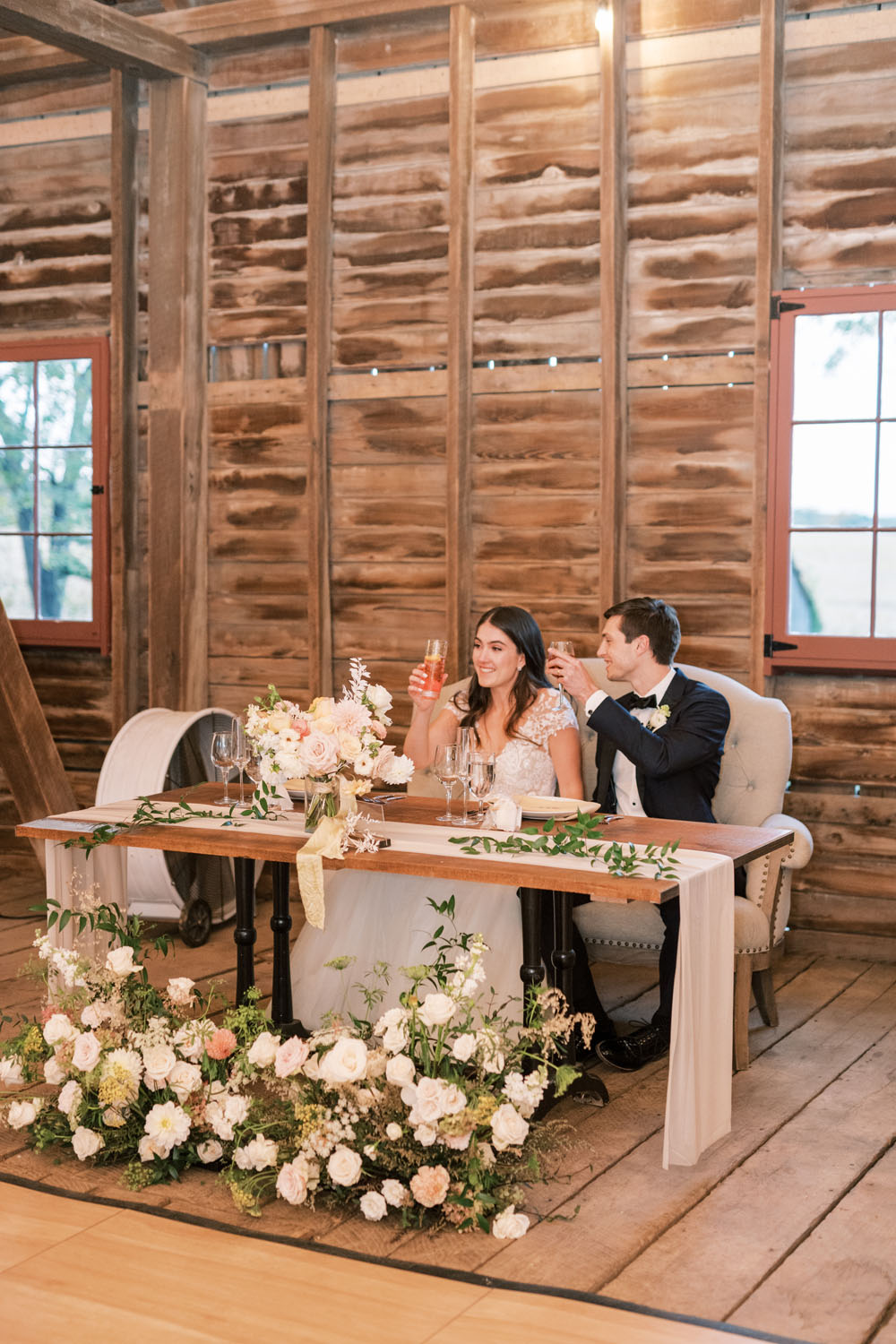 sweetheart table at rustic barn wedding in Virginia