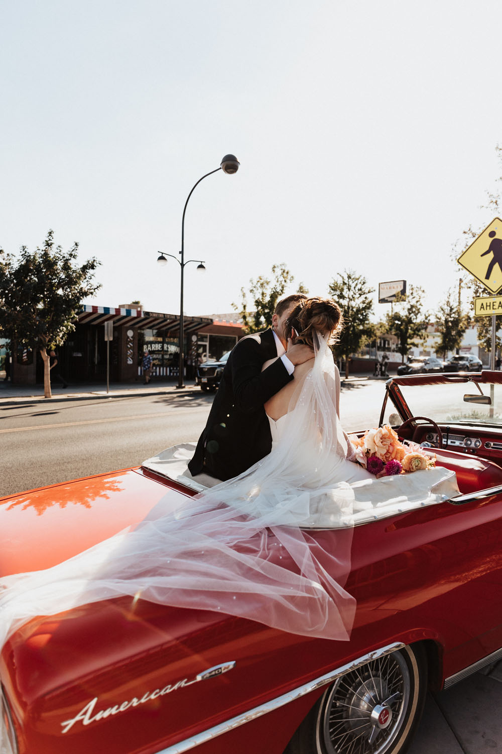 Wedding portraits in vintage car