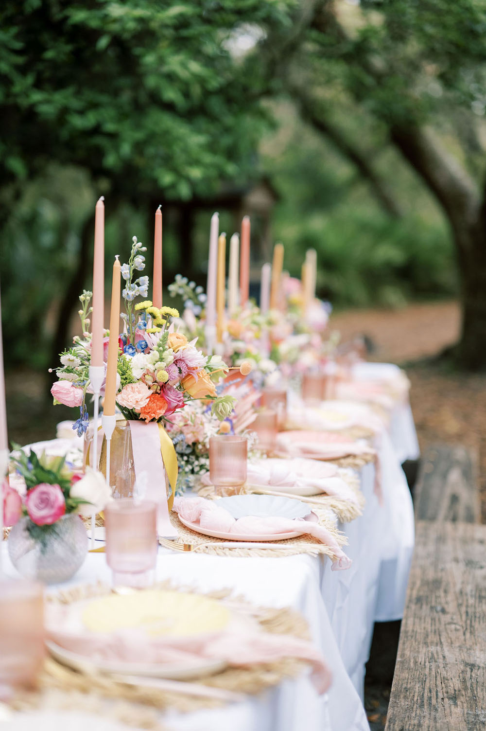 Gorgeous pink, peach, and blue wedding decor