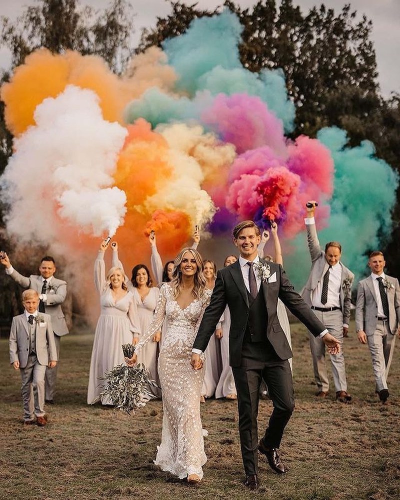 color bomb wedding photo