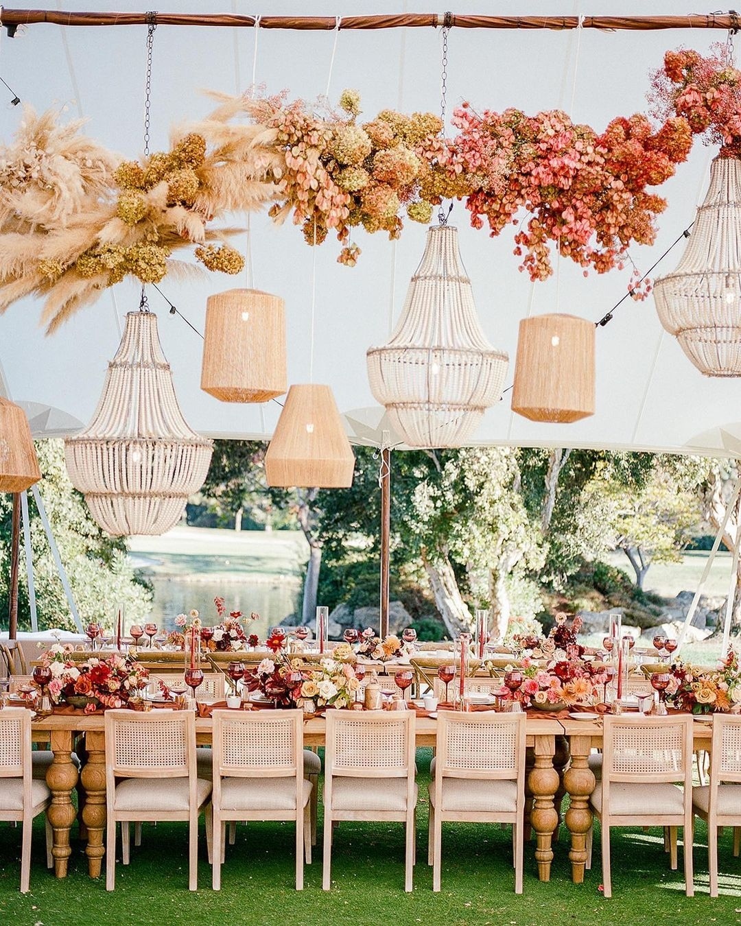 floating wedding flowers and hanging lanterns