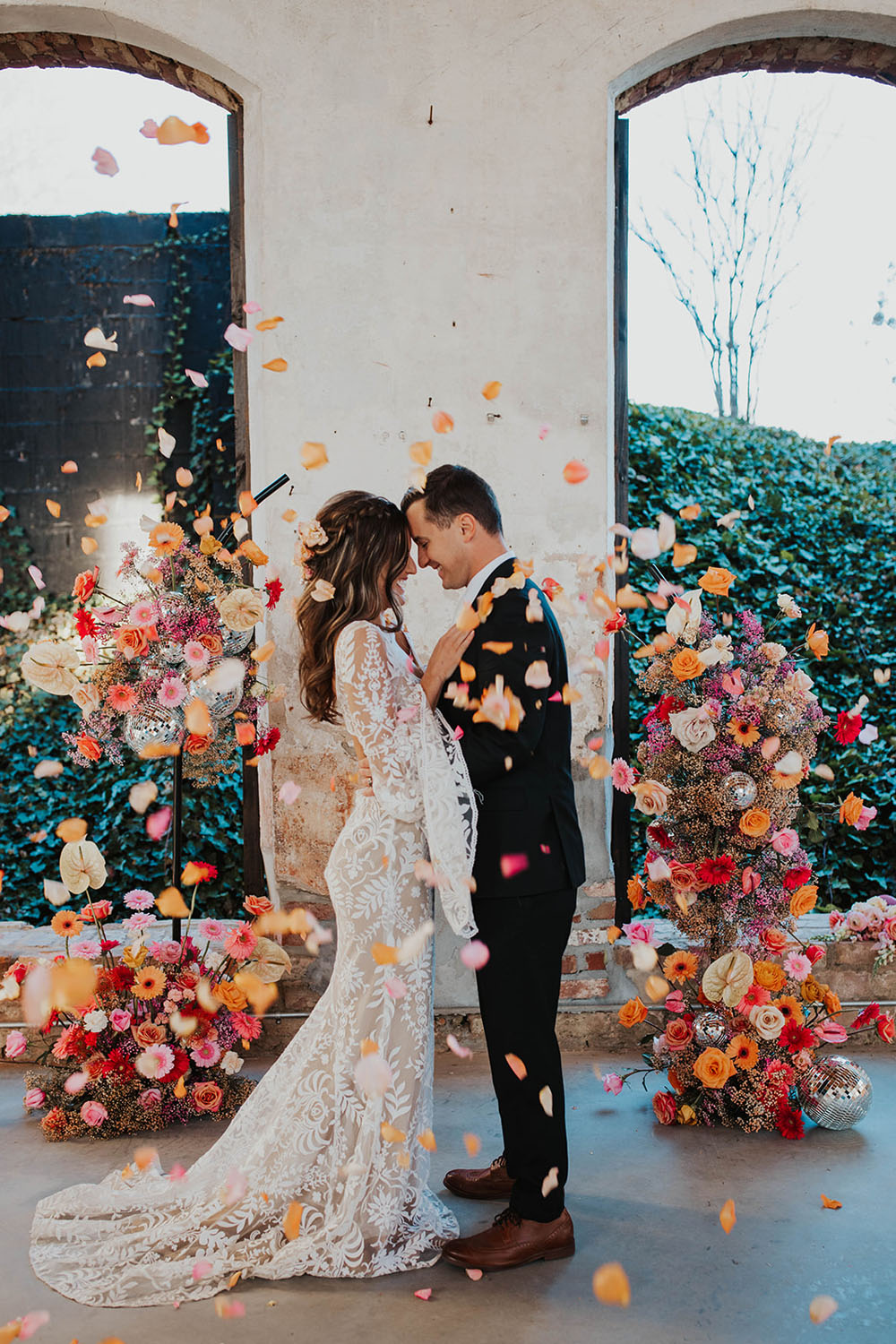 disco themed wedding with colorful flowers