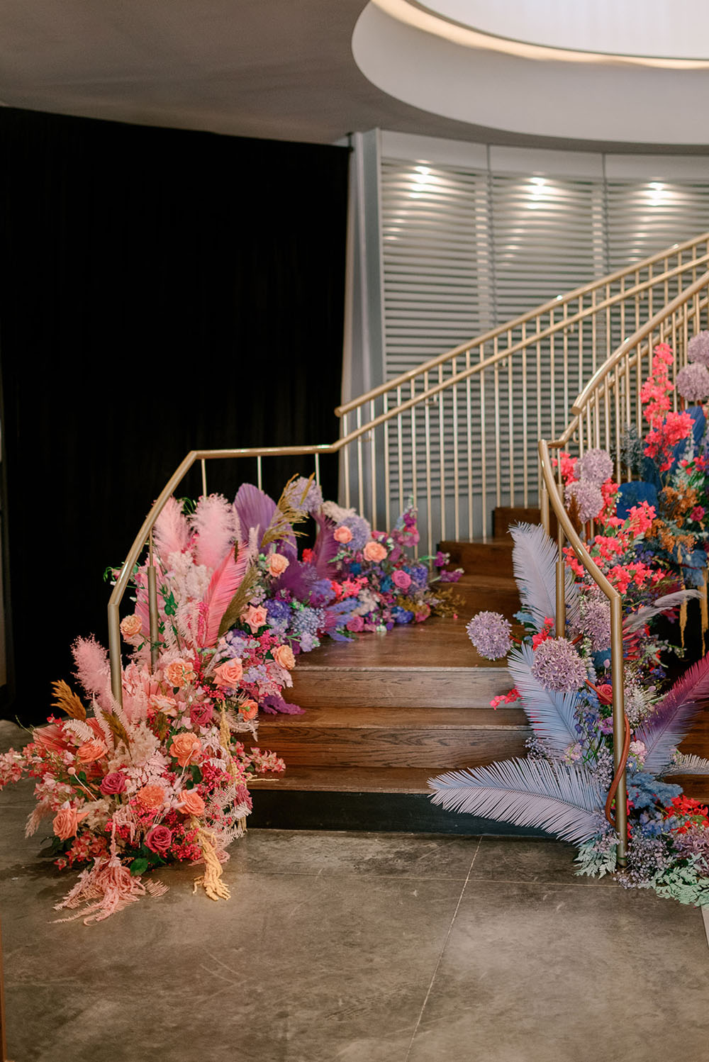floral arrangements on staircase