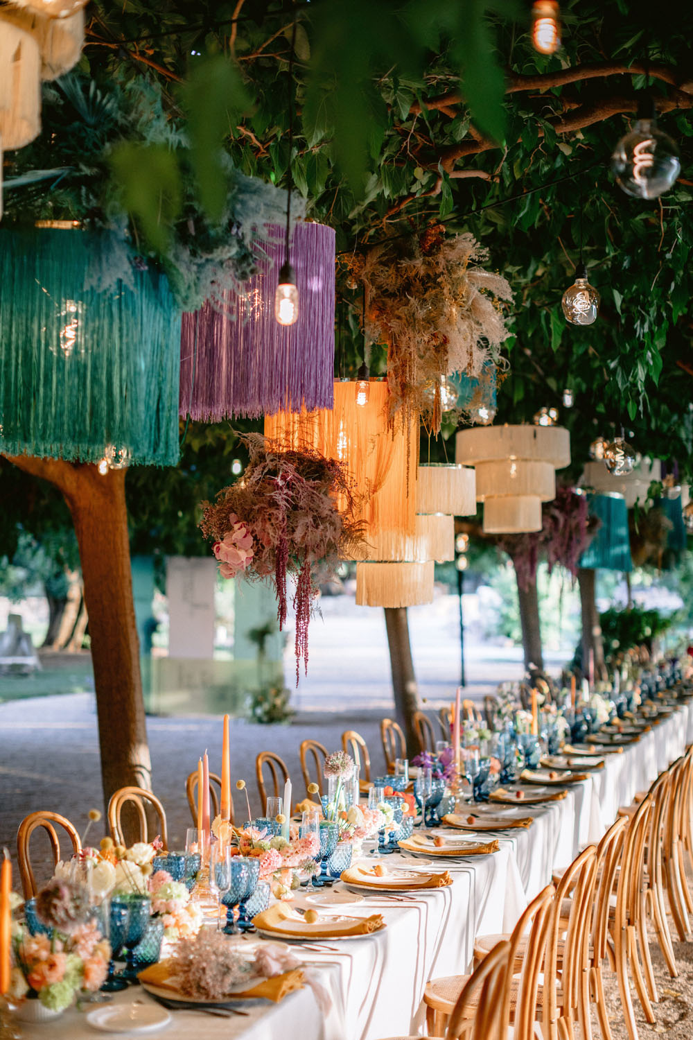 creative and colorful tablescape for wedding