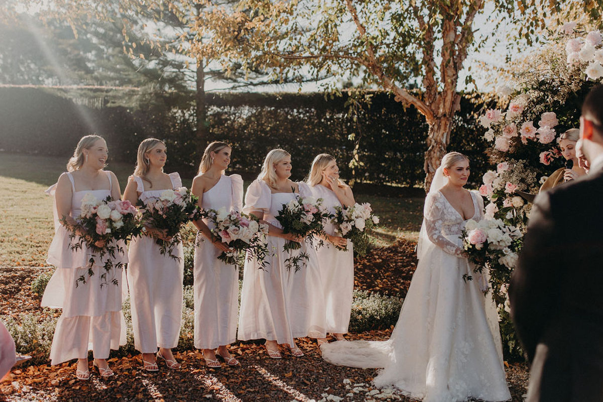 bridal party in blush wedding