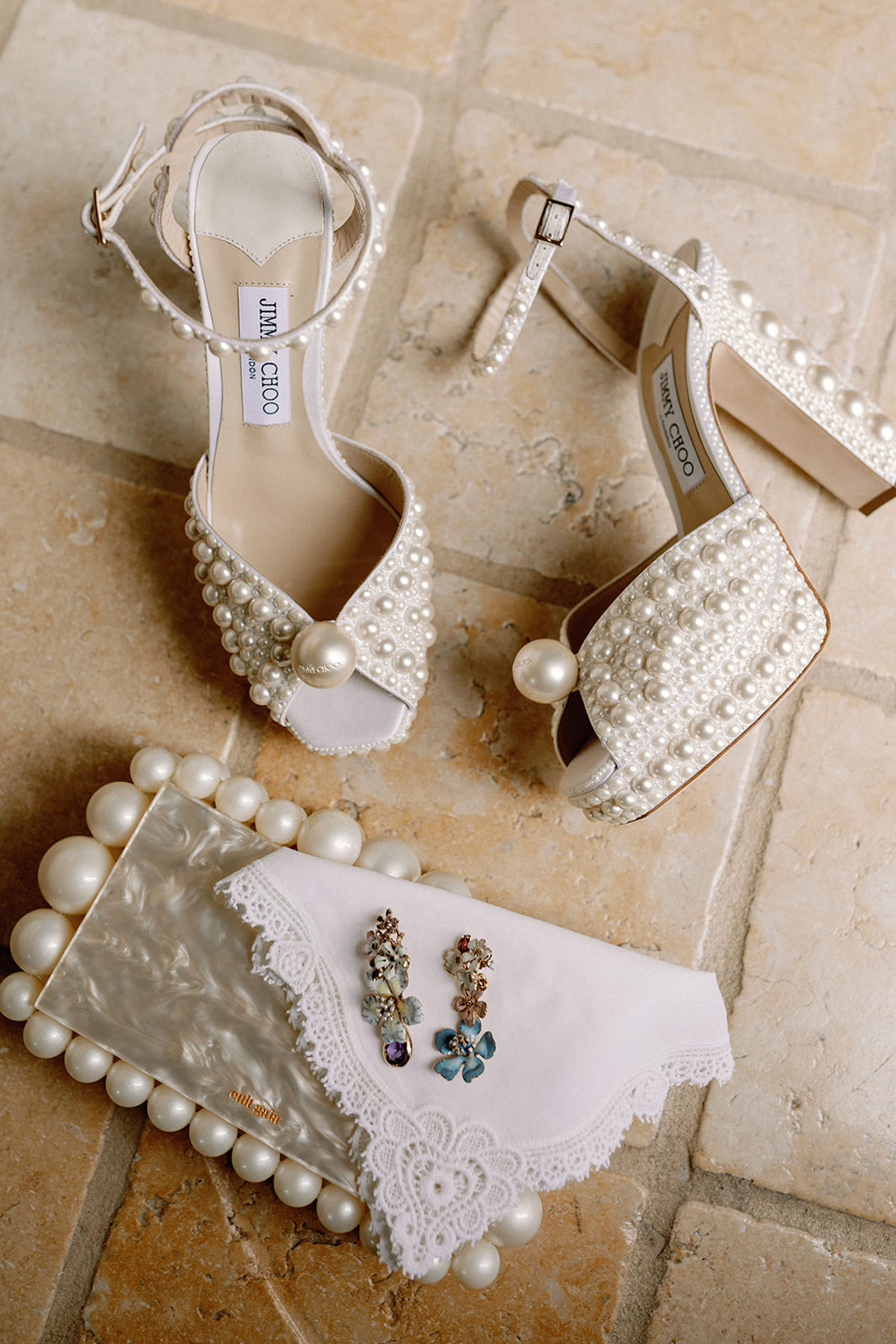 pearl wedding shoes and clutch