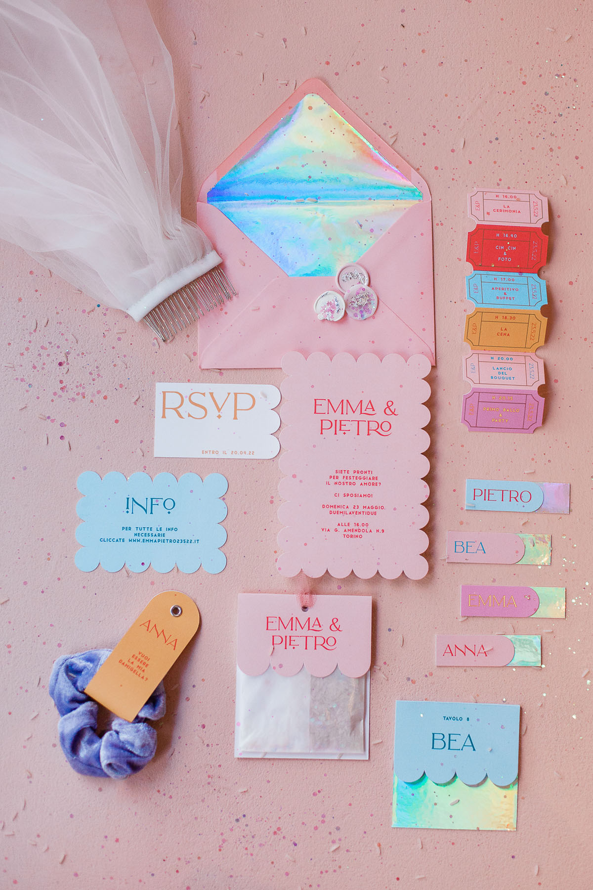colorful pastel wedding stationery