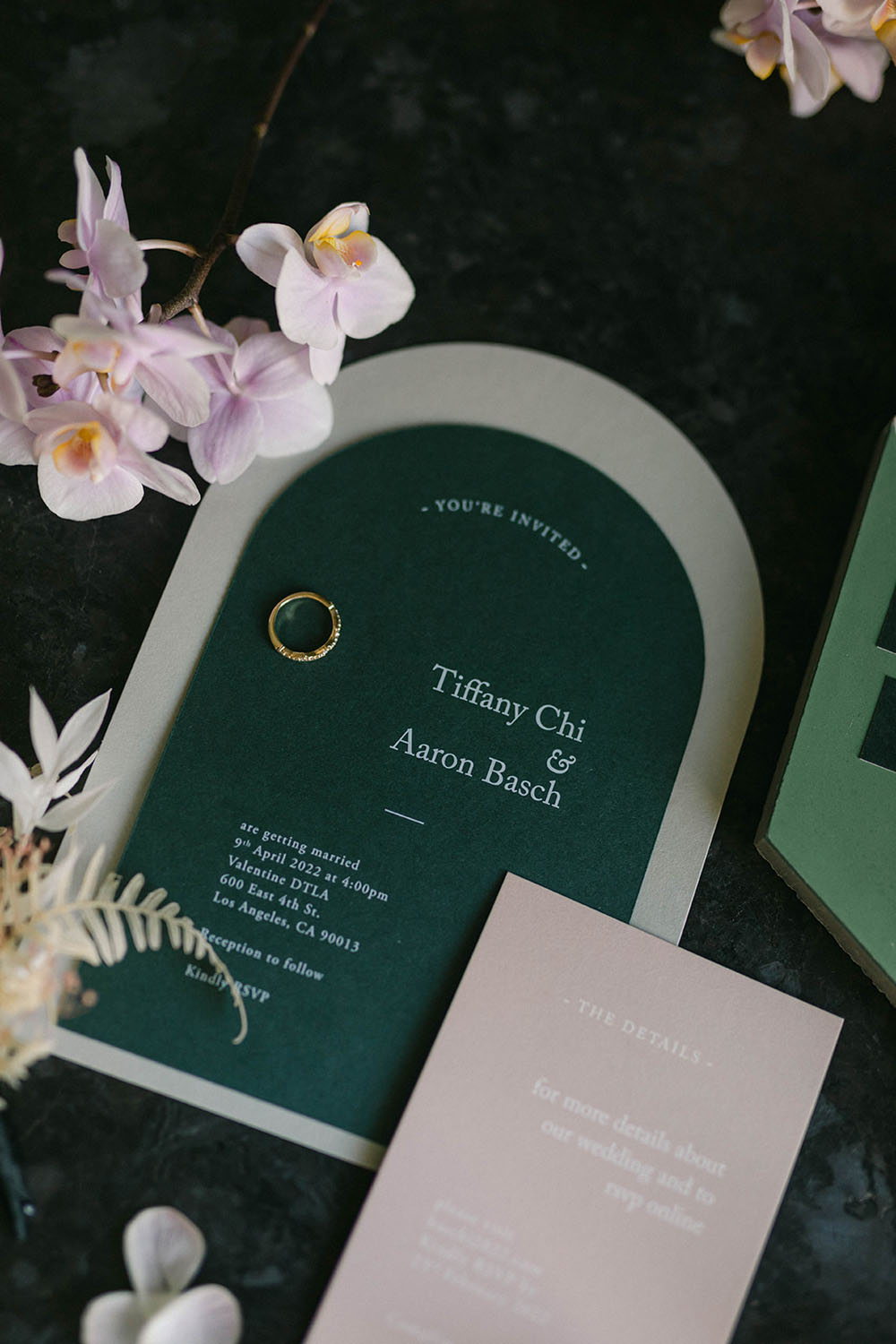 modern blush and green wedding invitations