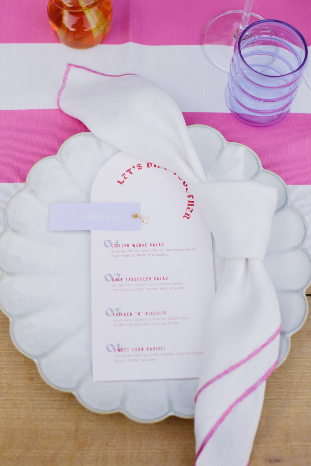 pink and purple wedding menu