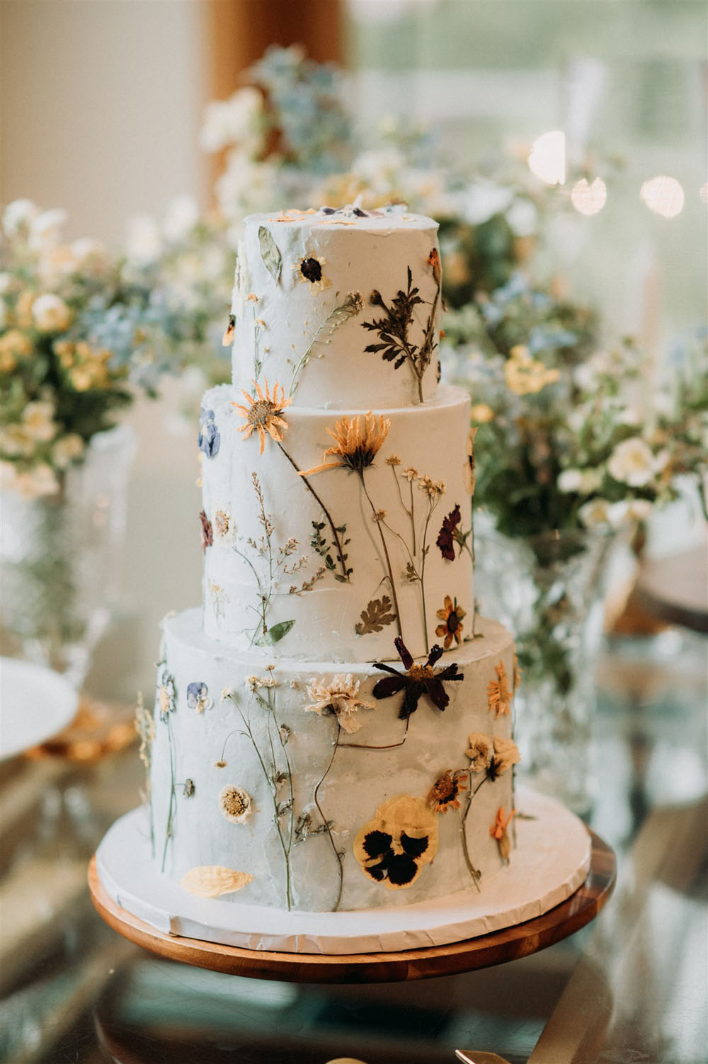 pressed flower wedding cake 
