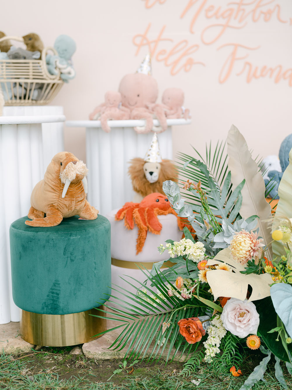 stuffed animal display and favors for birthday party