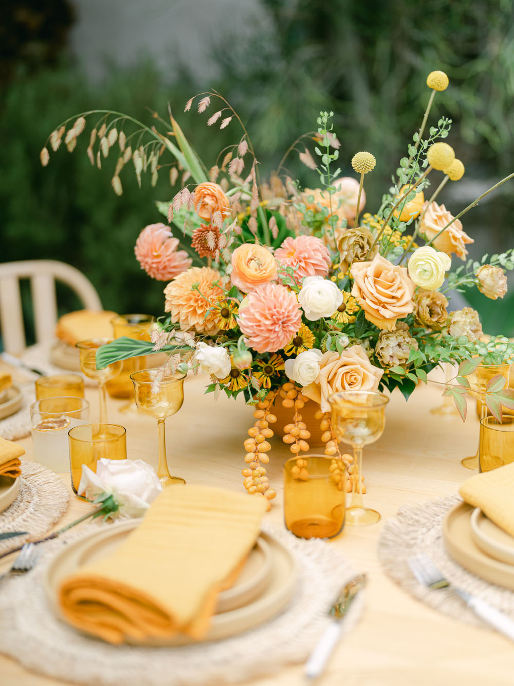 yellow golden spring table decor and floral centerpiece