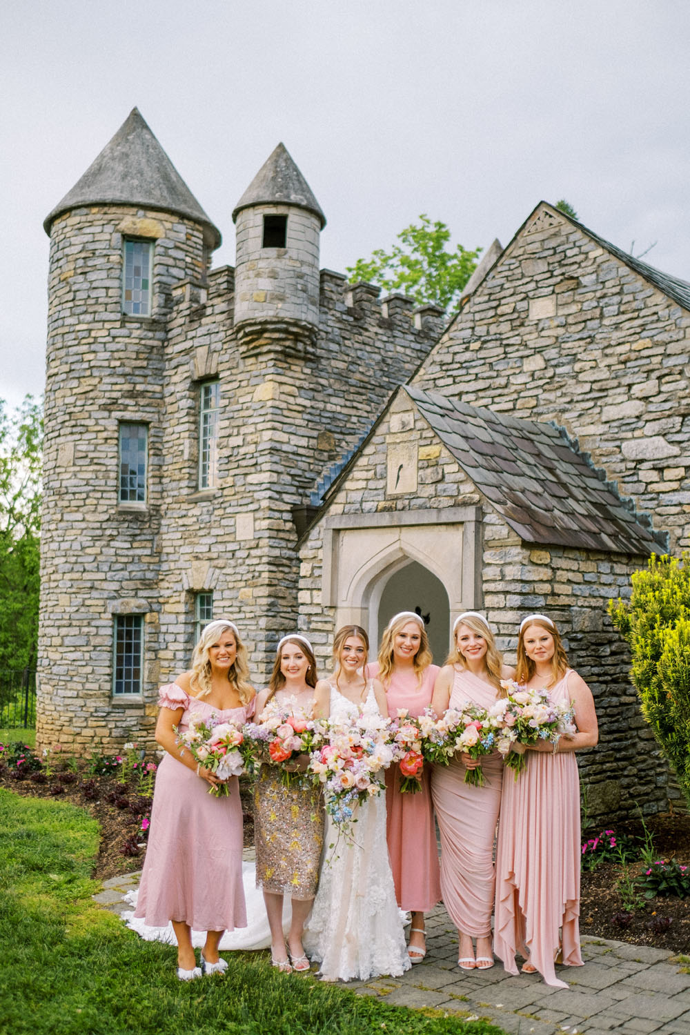 pink bridesmaid dresses and peony bouquets