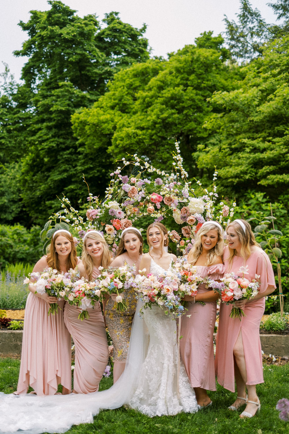 Pink bridesmaid dresses at Spring Kentucky wedding at Yew Dell Botanical Gardens