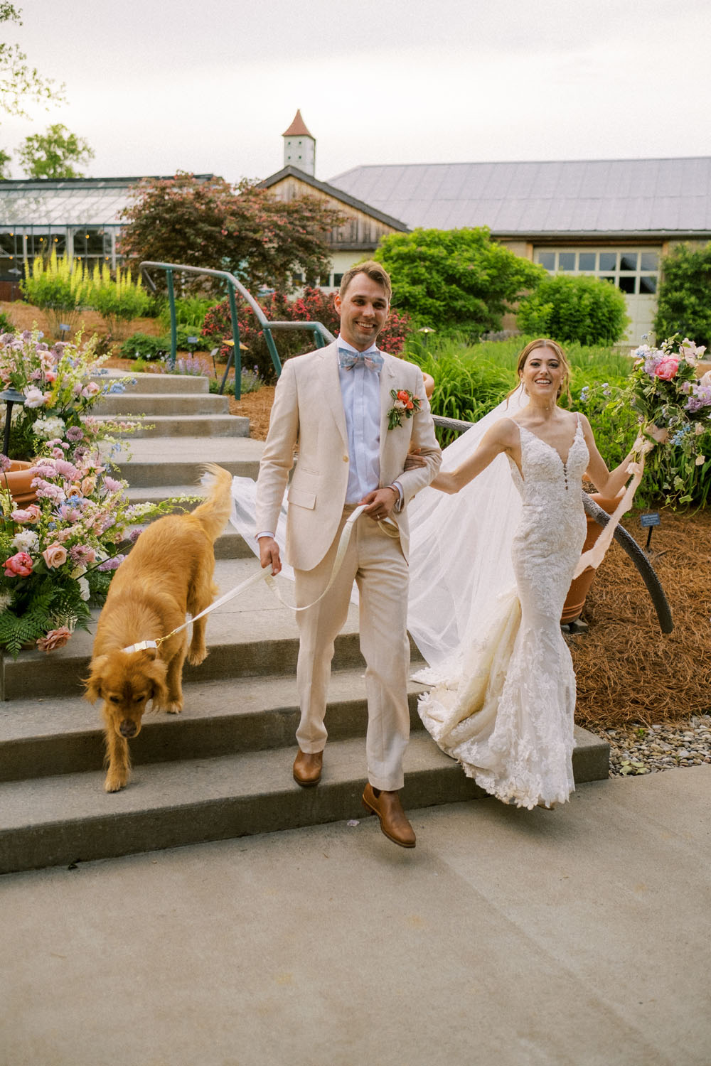 bride and groom with dog