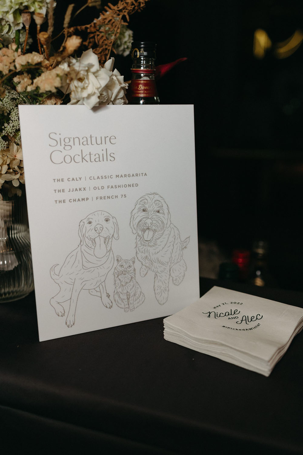 signature cocktail menus with pets for wedding
