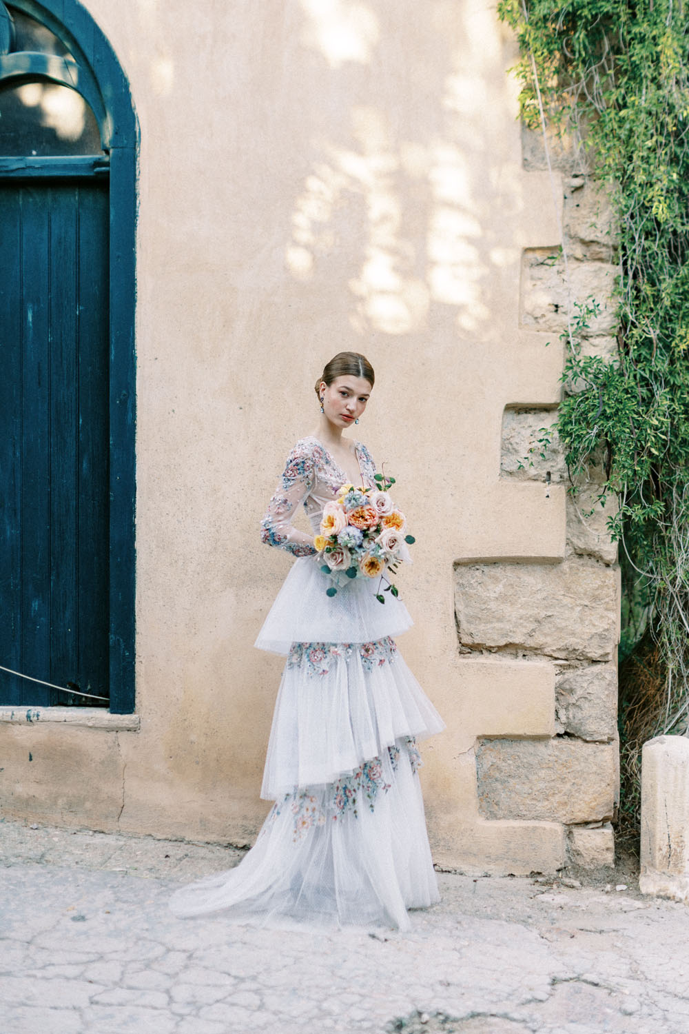 Embellished wedding dress at Greek castle wedding