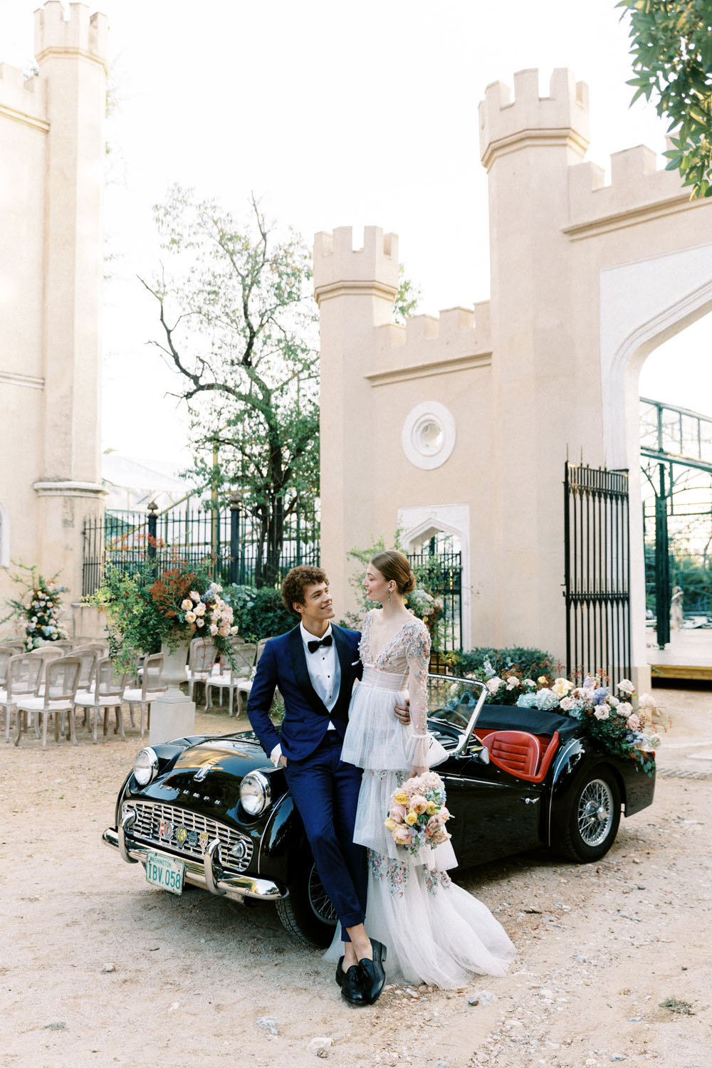 Vintage getaway car for elegant castle wedding in Athens