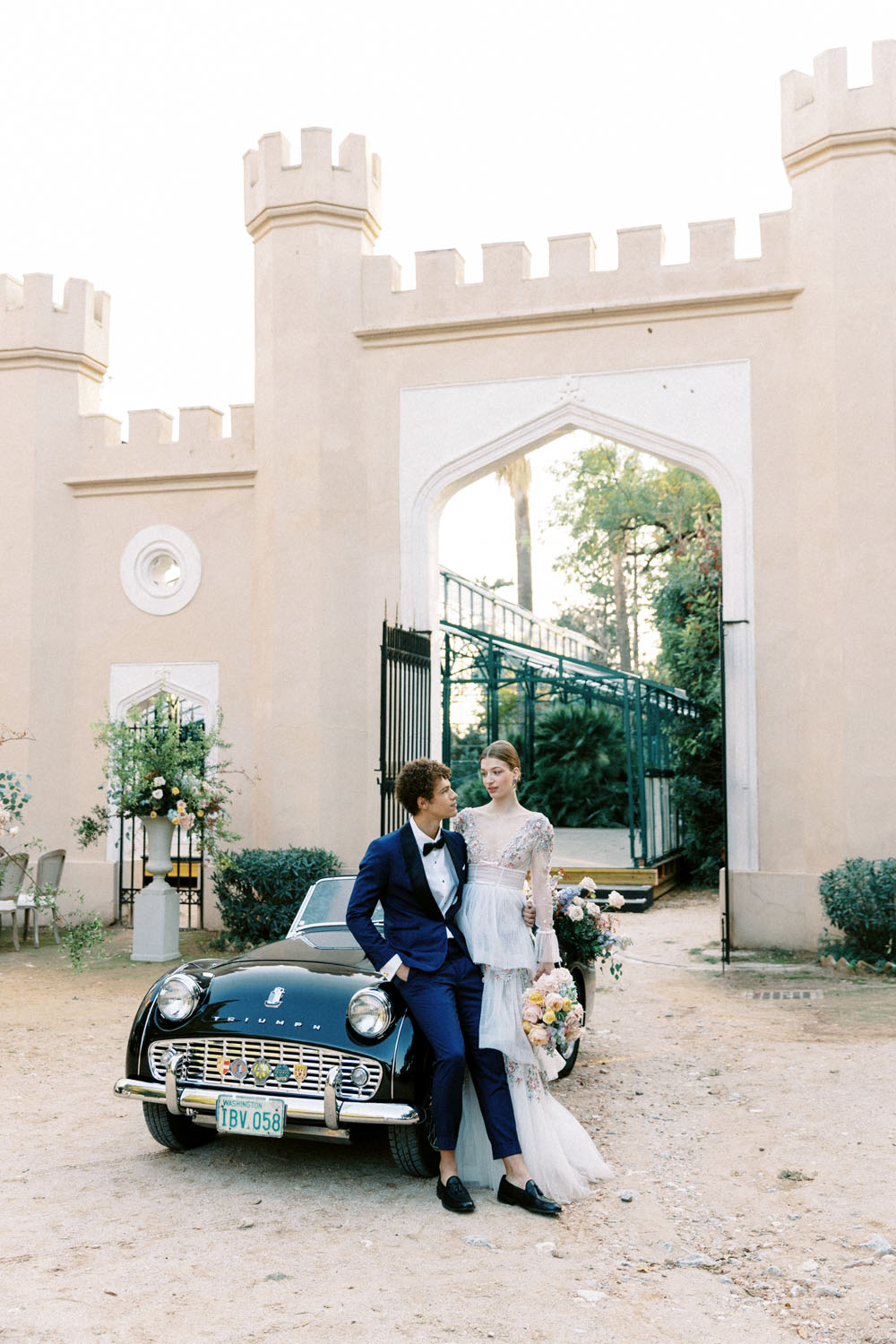 Vintage getaway car for elegant castle wedding in Athens