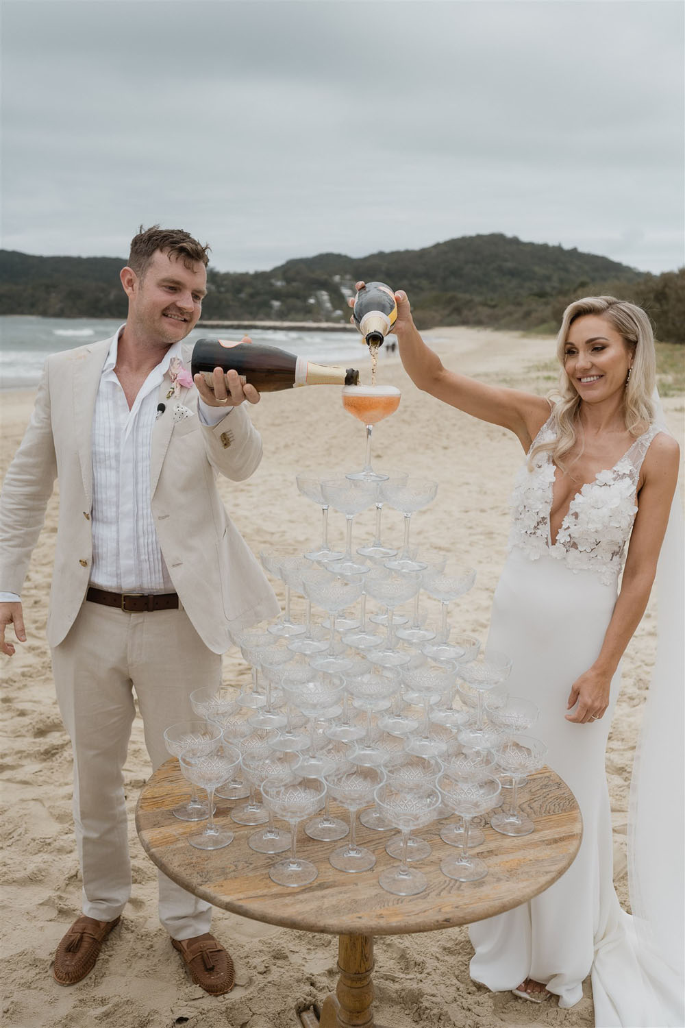 Champagne tower at coastal Australian wedding