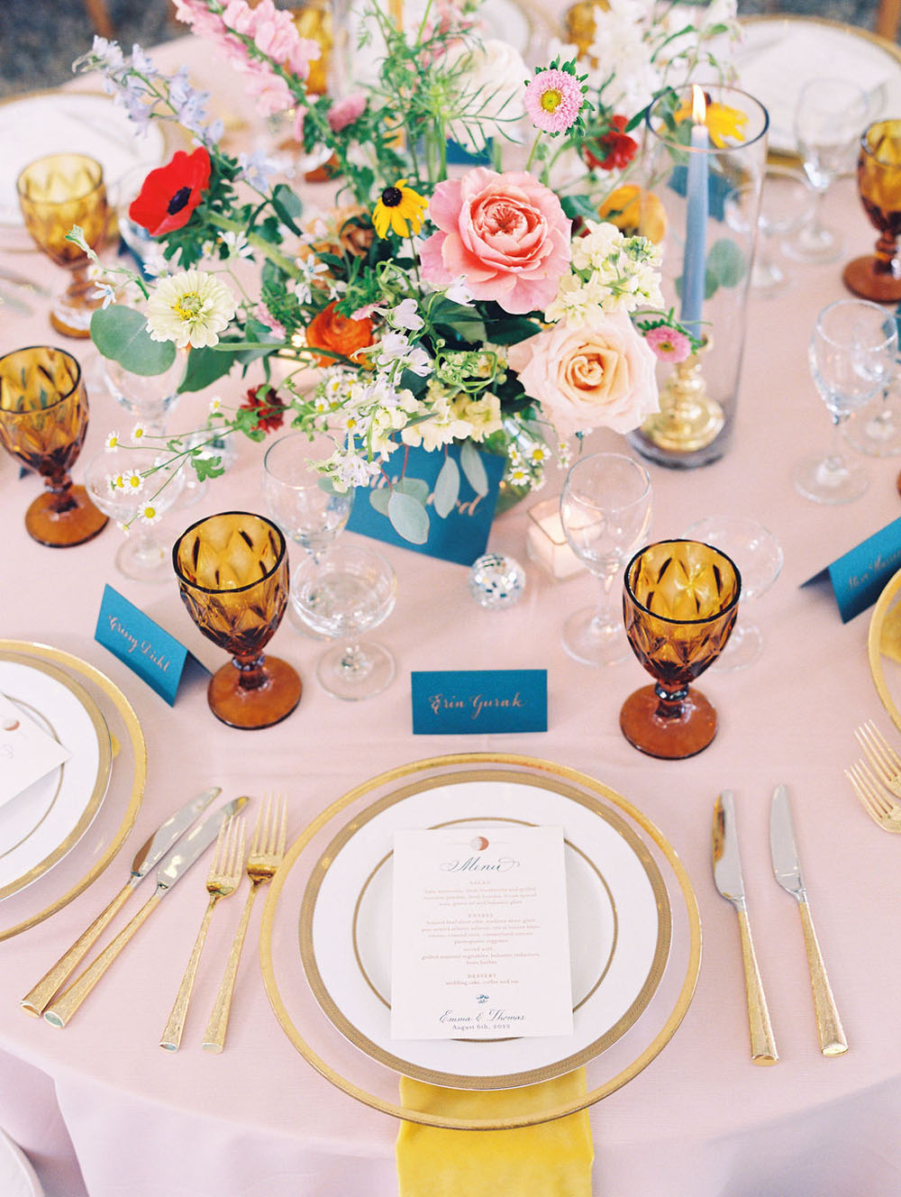 blush and yellow summer wedding reception