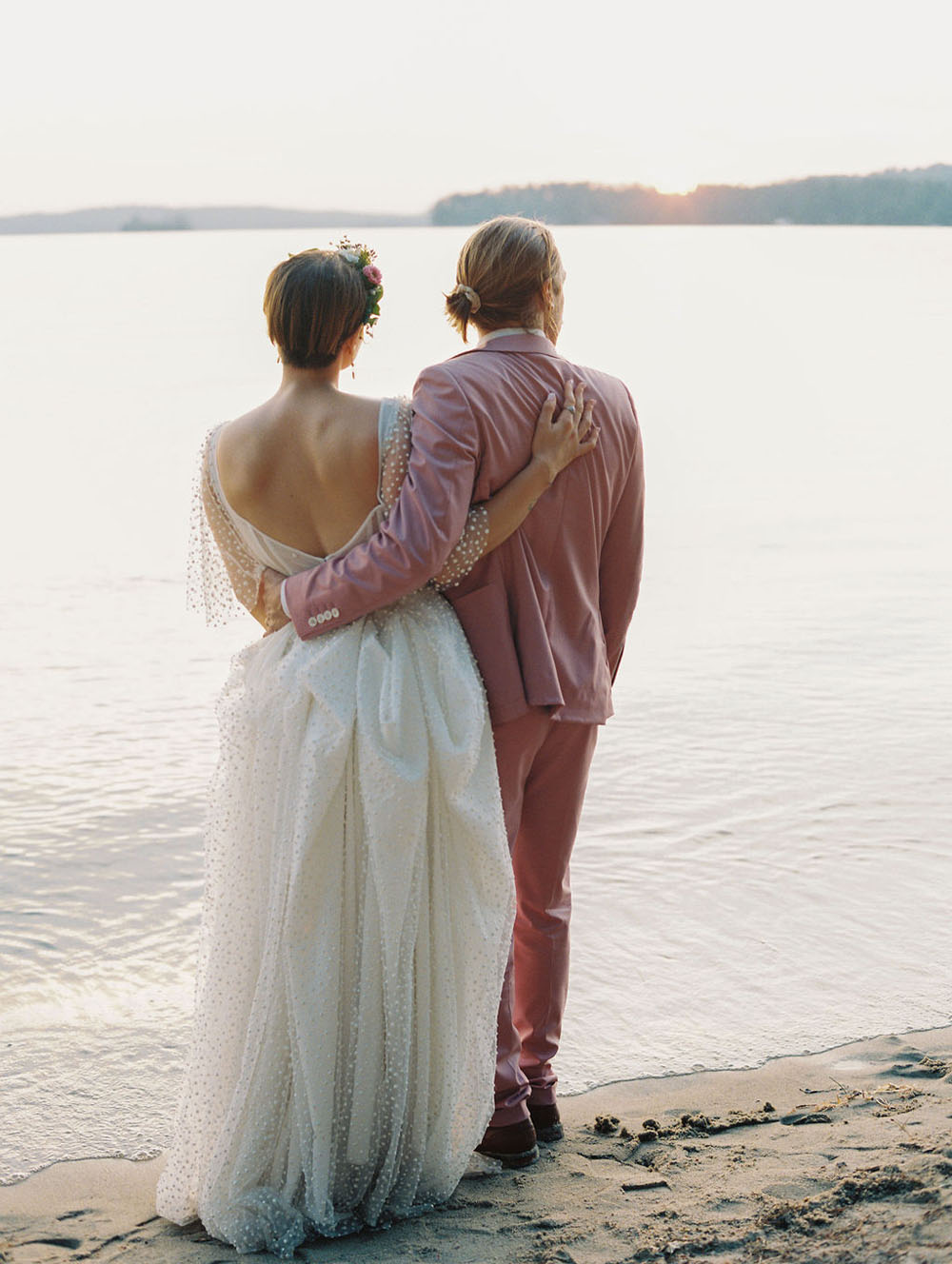 sunset wedding portrait at the lake