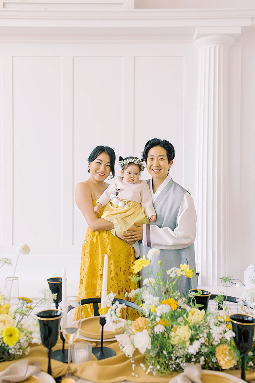 Yellow floral first birthday and Korean Dol