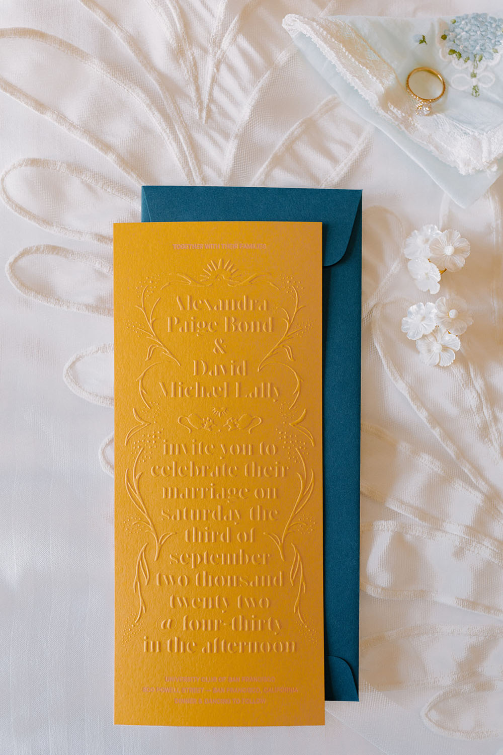 gold and teal wedding stationery