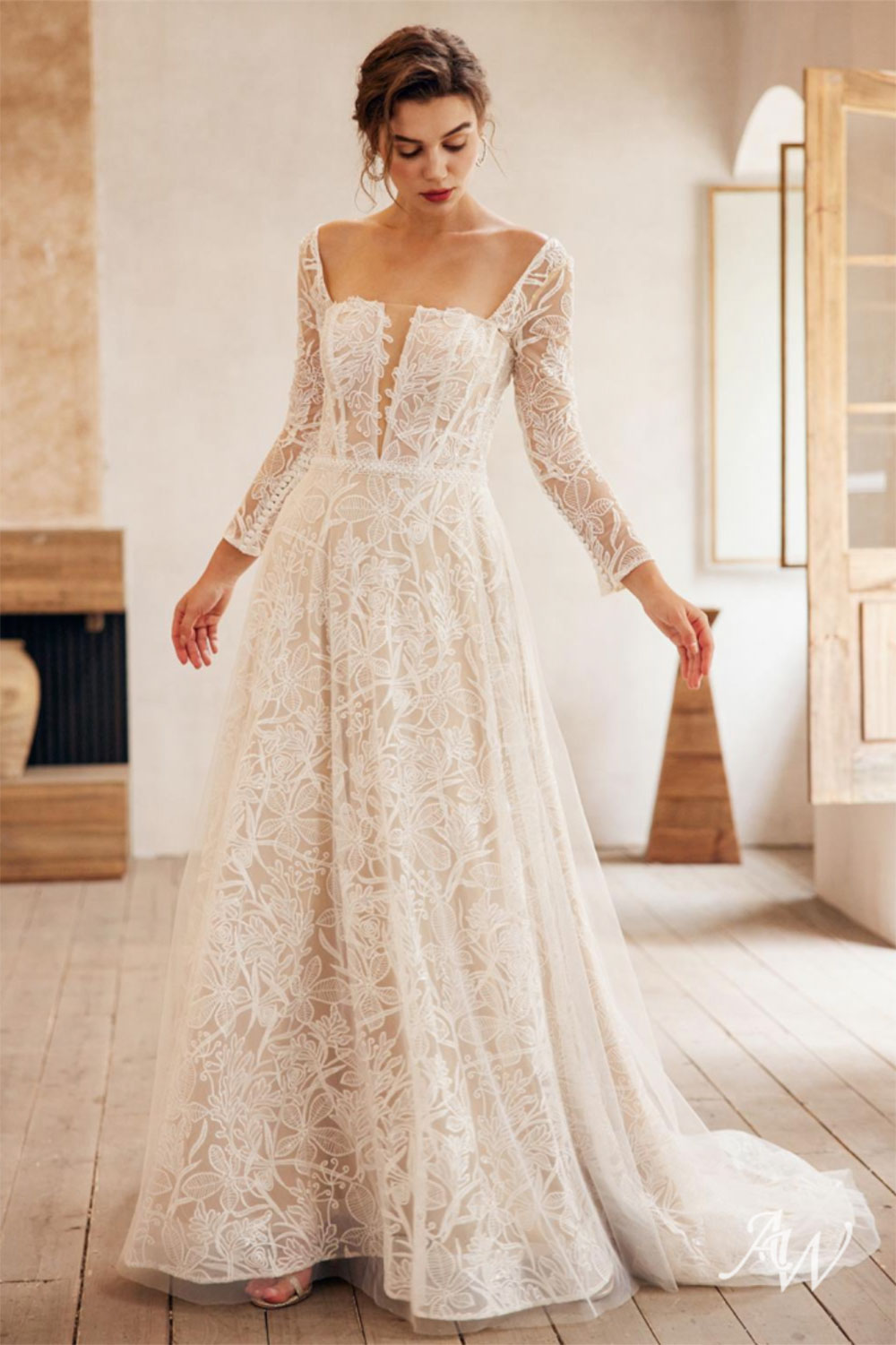 floral embroidered romantic affordable wedding dress by AW Bridal