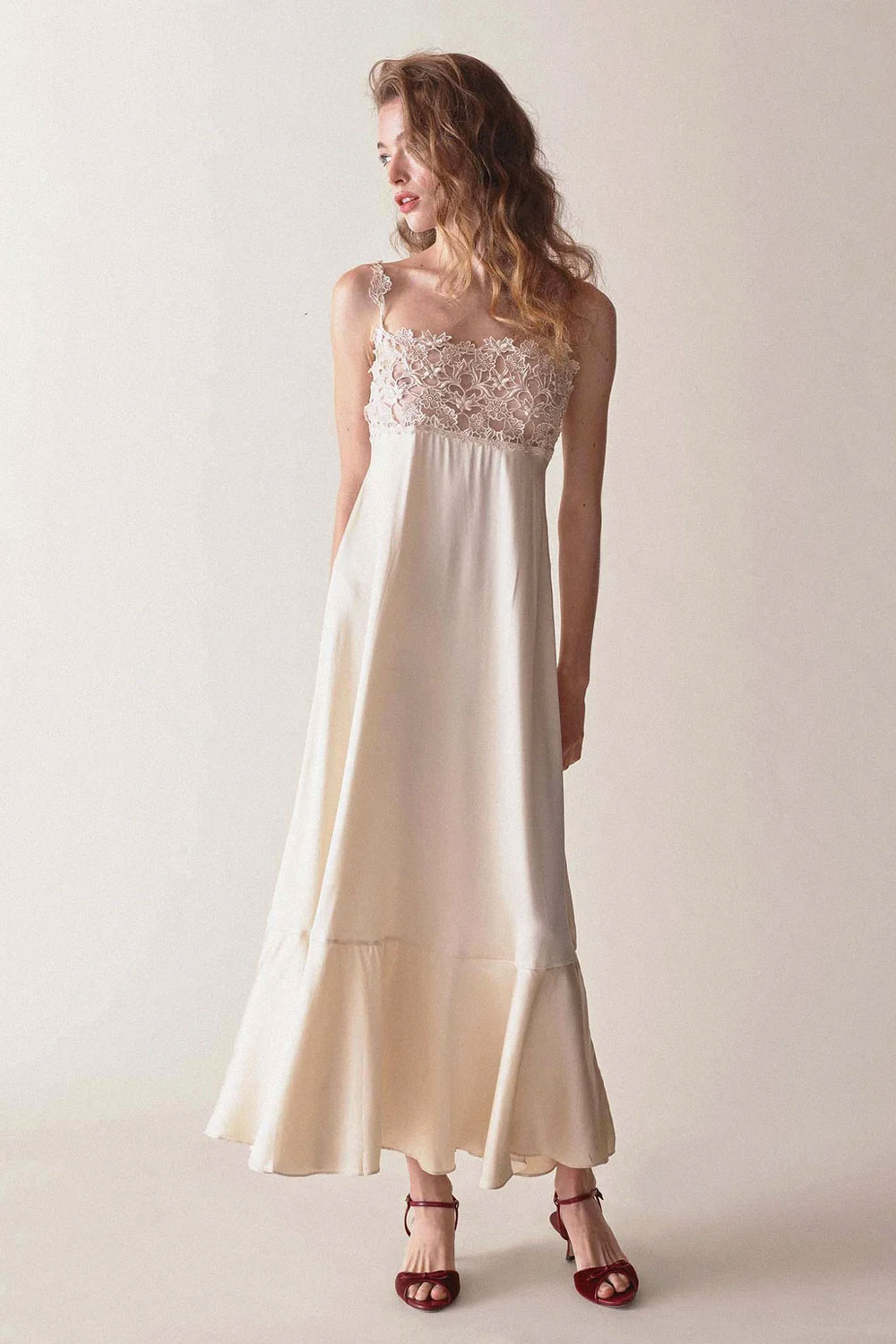 Maricel dress in mother of pearl from Doen - where to buy romantic wedding dresses online