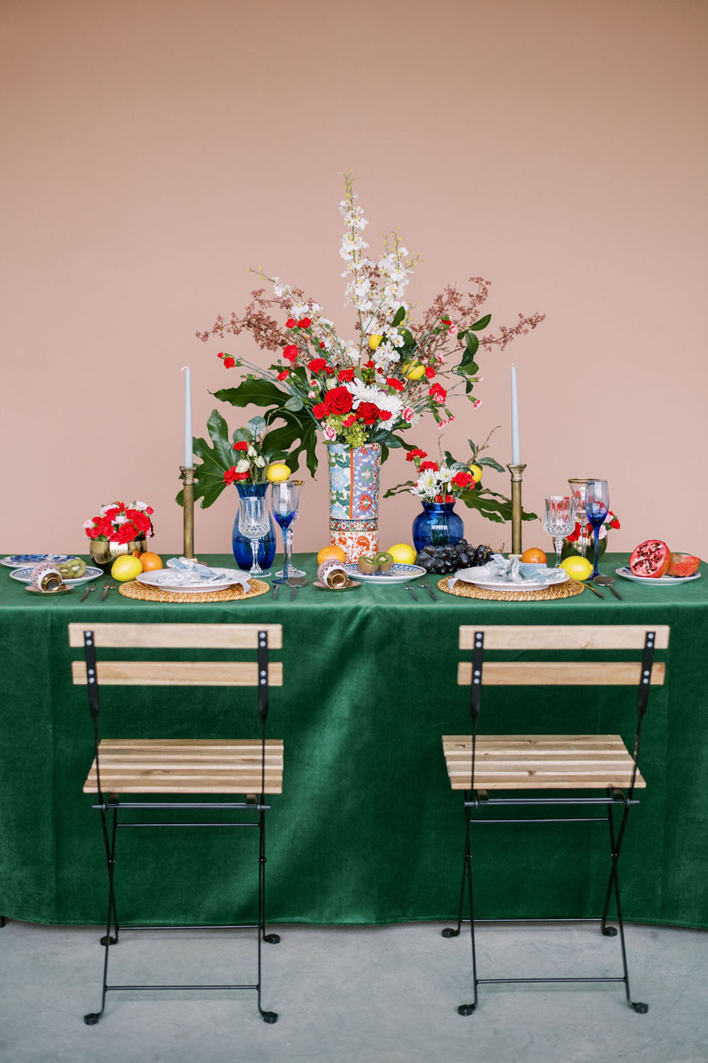 Maximalist centerpiece and green tablescape