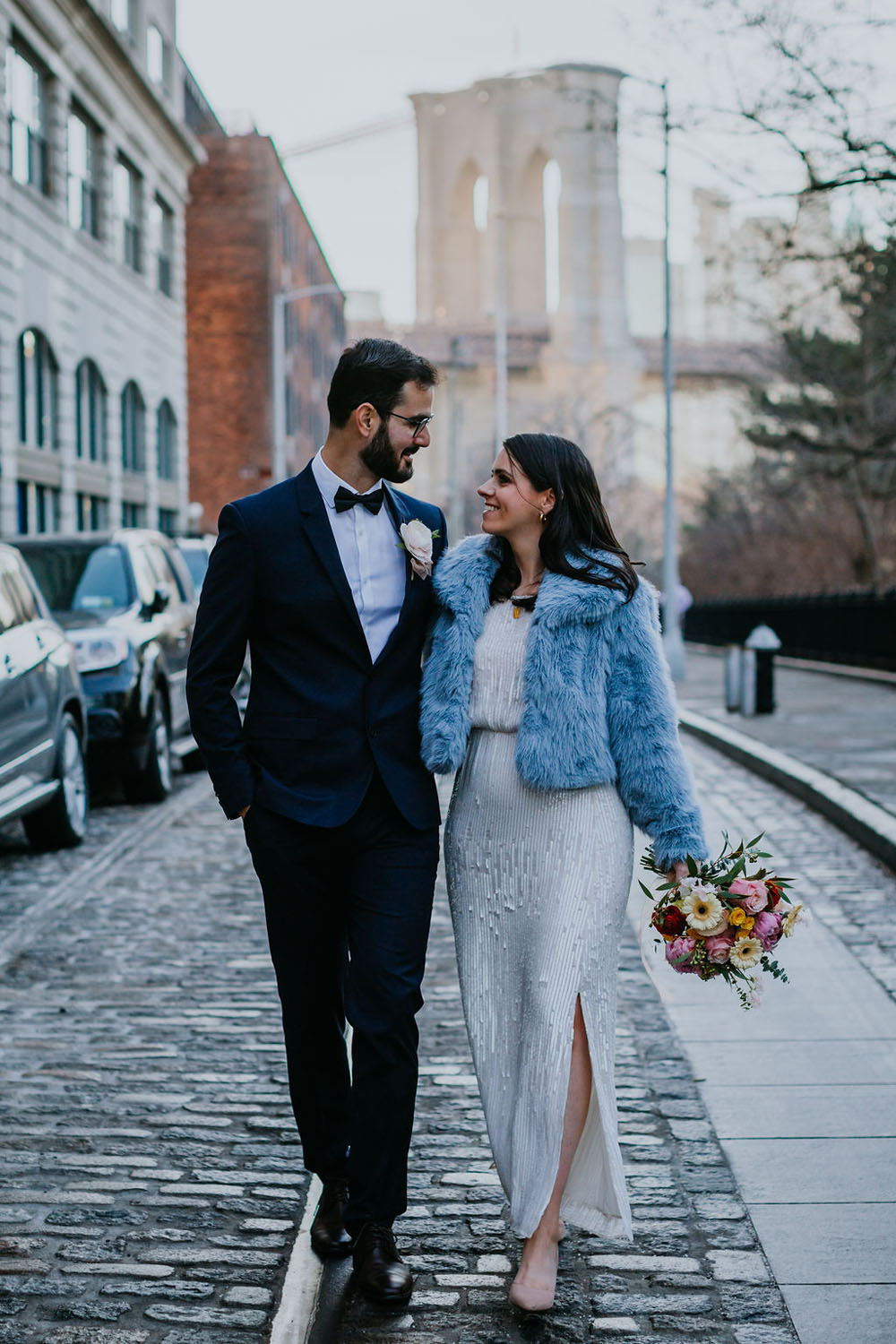 Blue winter coat for bride