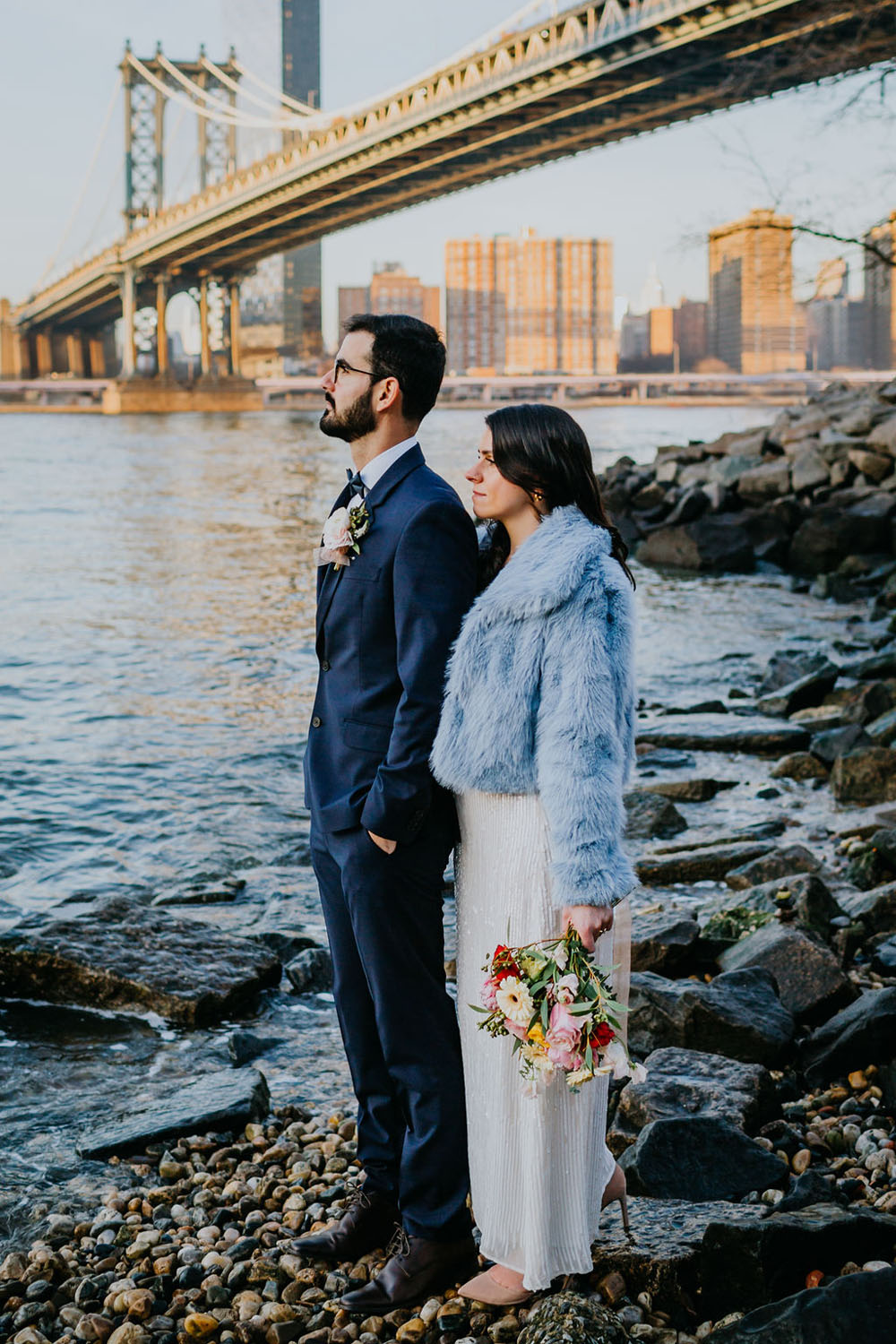 Blue winter coat for bride