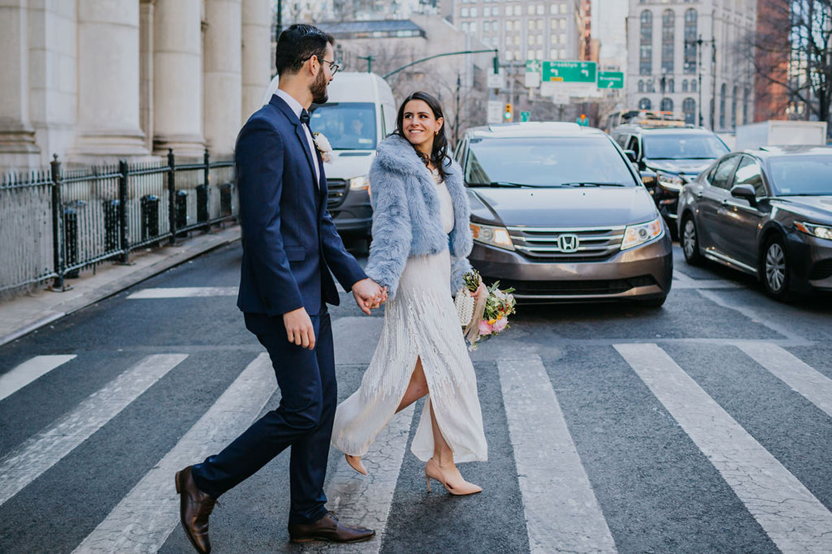 Blue winter coat for bride