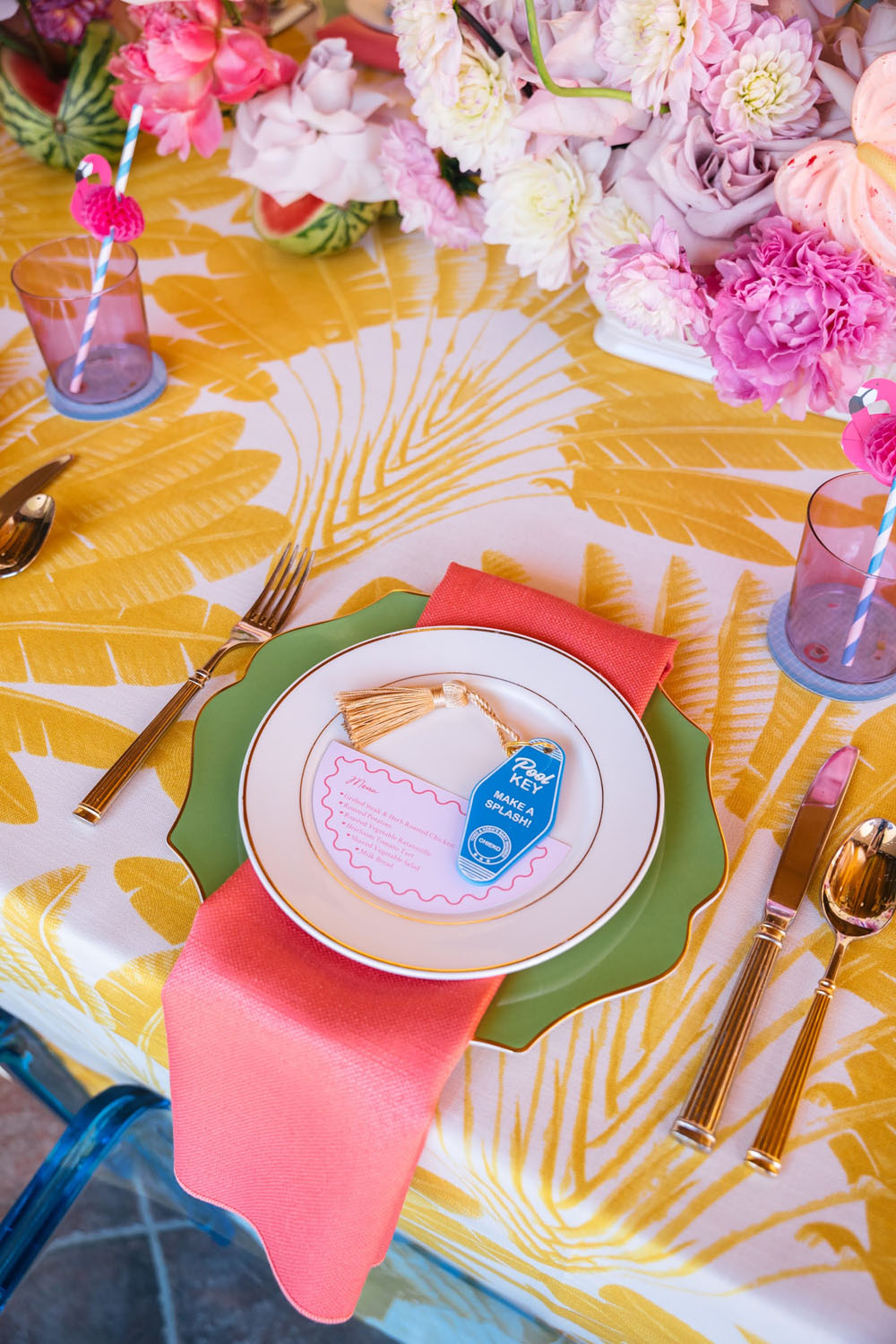 Colorful place settings for Palm Springs baby shower