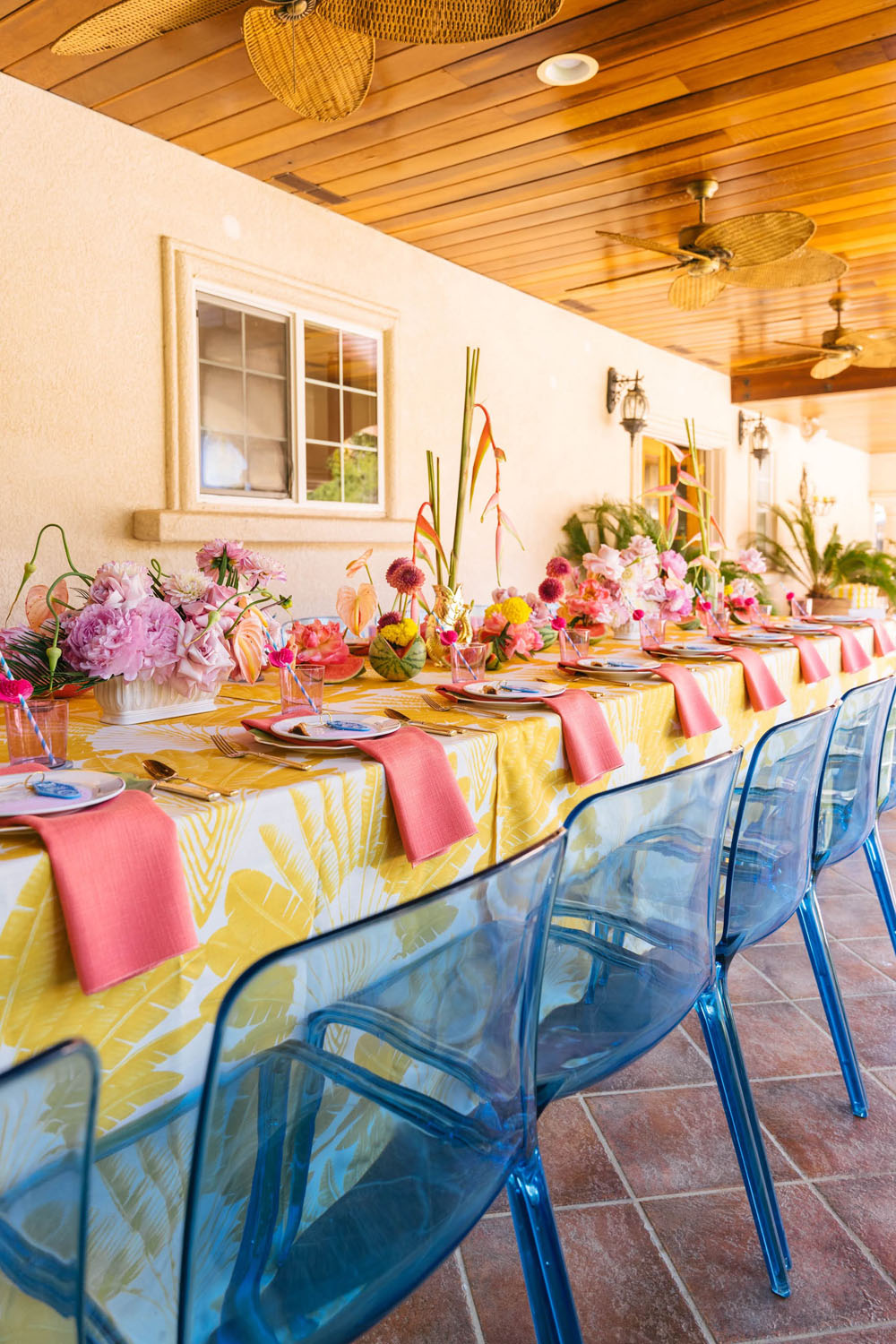 Pink and yellow Palm Springs baby shower tablescape