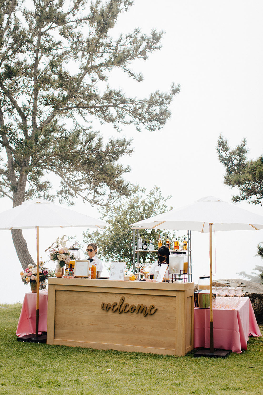 pink and white bar at wedding