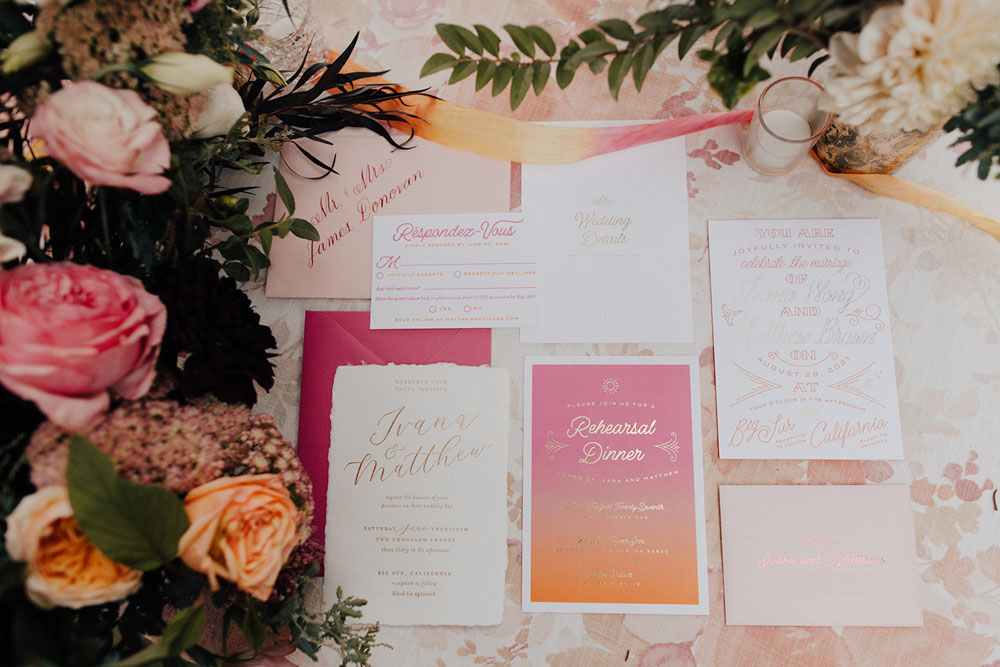 Sunset inspired pink wedding invitations