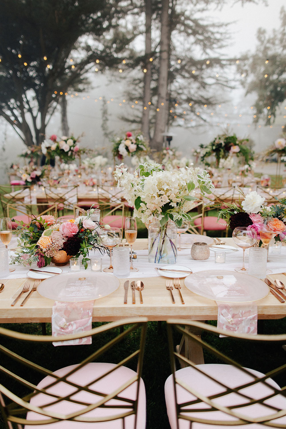 blush and gold place settings for garden wedding