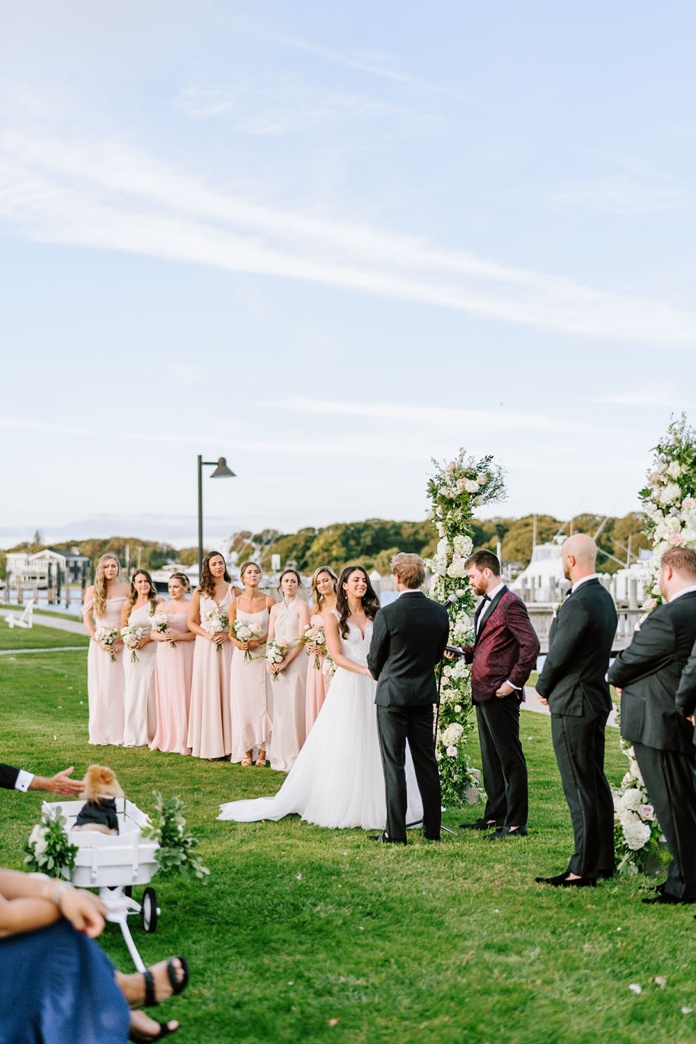 blush bridesmaids at wedding ceremony