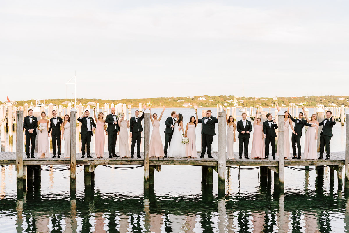 blush bridal party for waterfront wedding