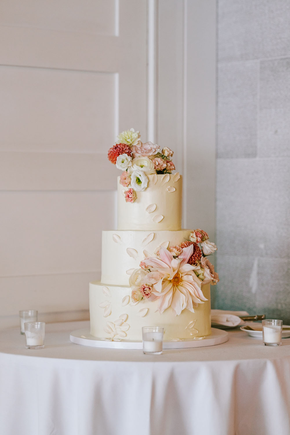 blush dahlia wedding cake