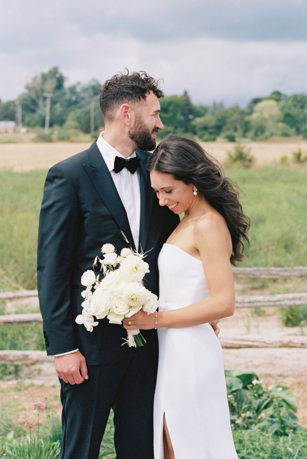 modern bride and groom portrait on film