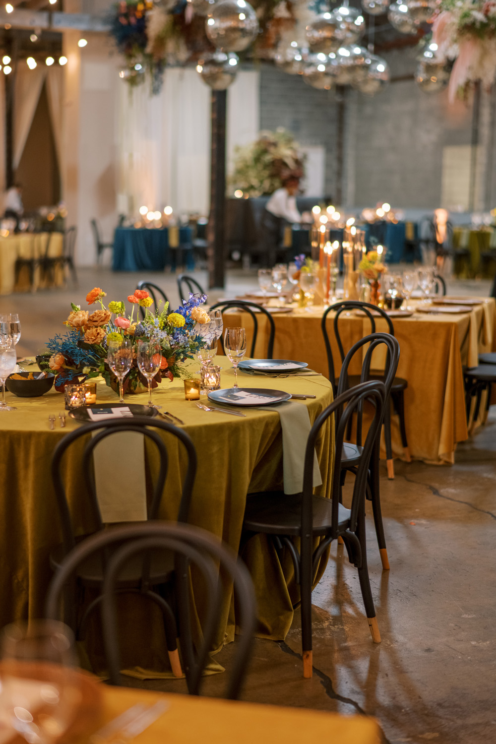 yellow and blue wedding table decor