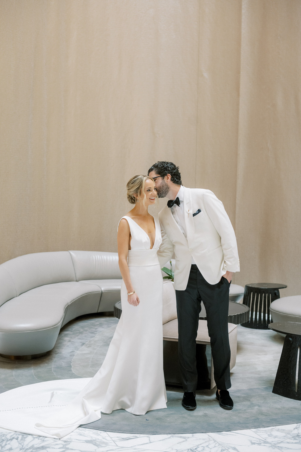 ines di santo wedding dress and groom in white tux