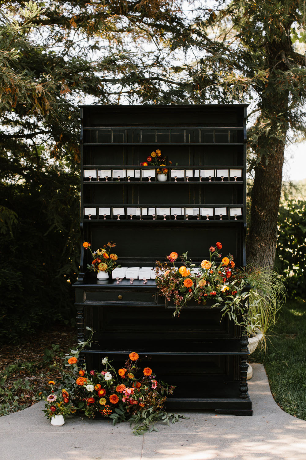 modern fall escort card display for northern california wedding