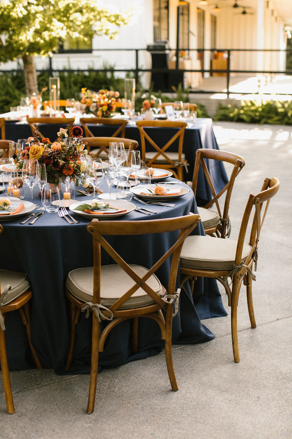 modern rustic orange + navy wedding decor