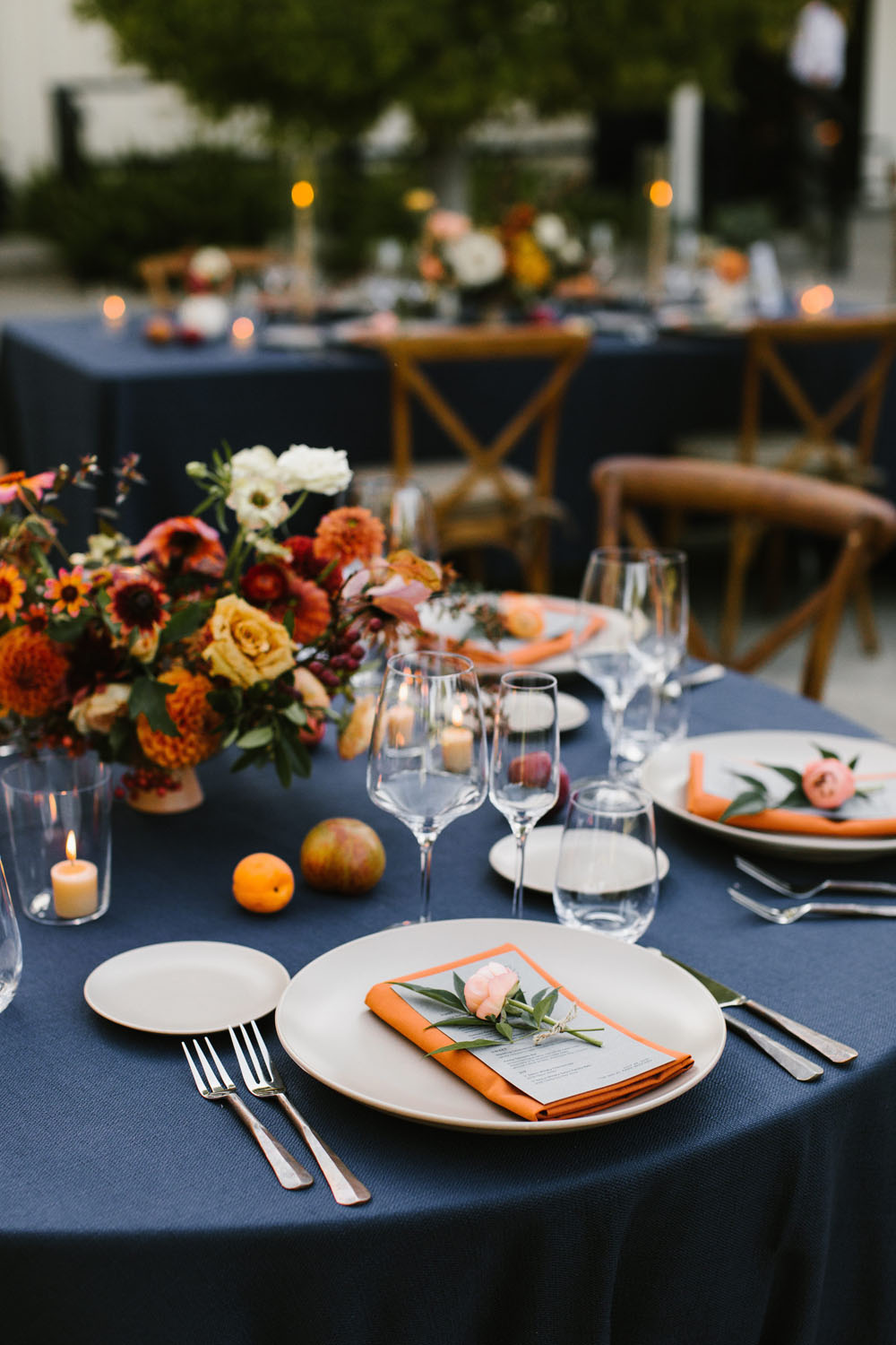 modern rustic orange + navy wedding decor