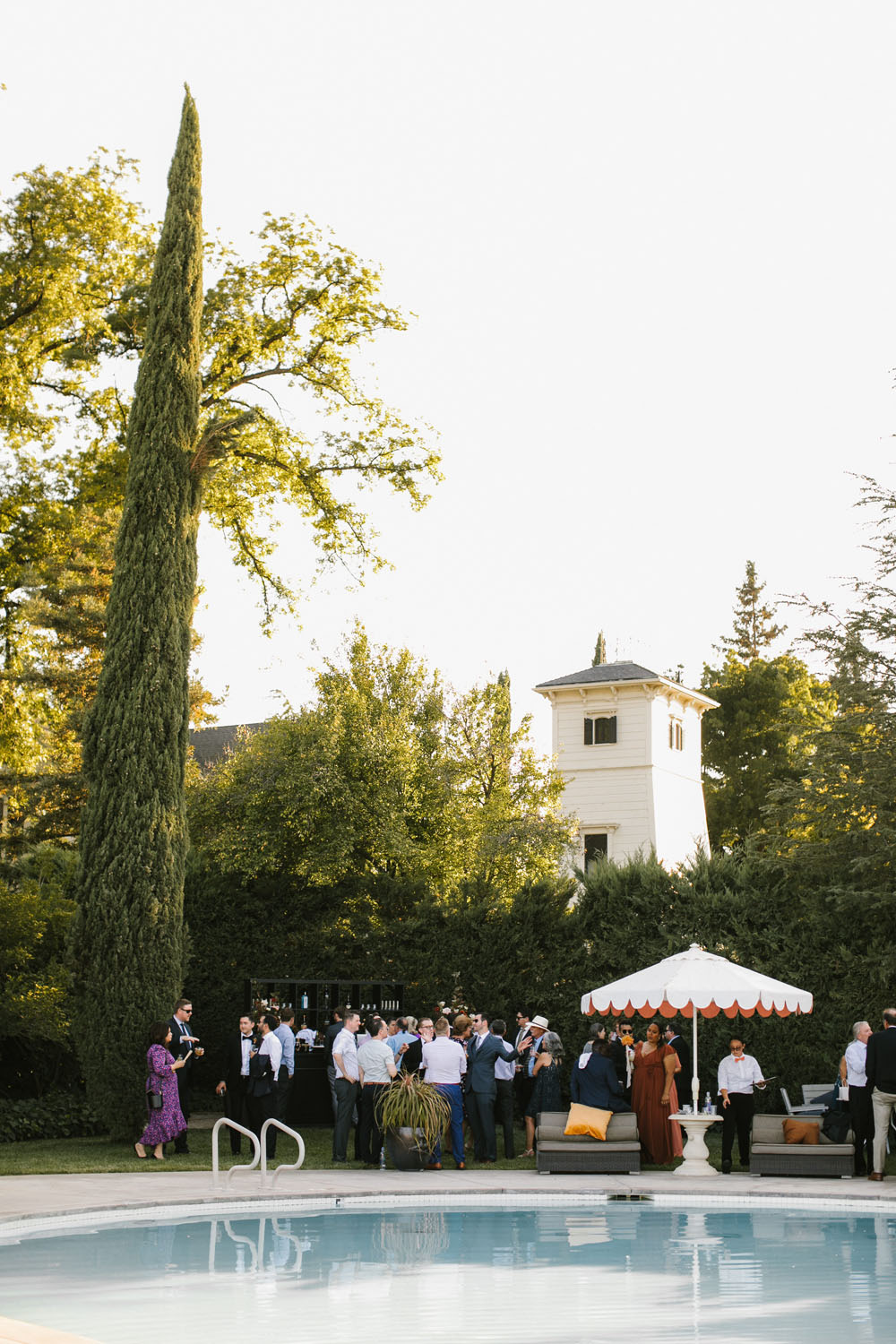 cocktail hour by pool at california wedding