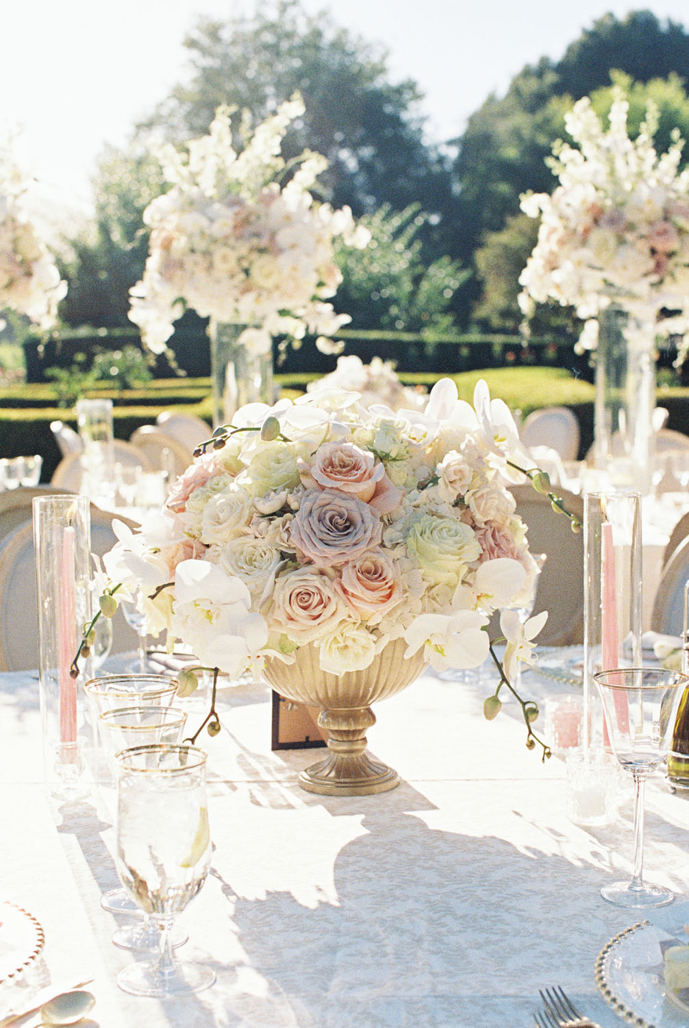 Rose centerpiece at glam wedding in Carmel Valley